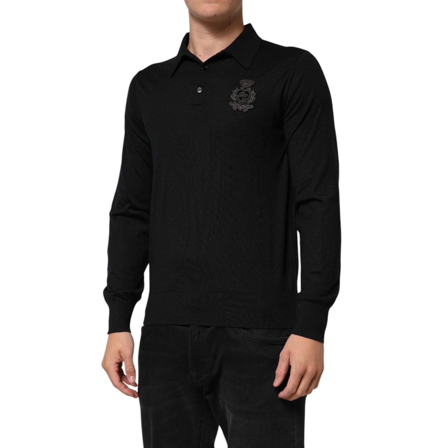 Dolce & Gabbana Black Logo Patch Collared Pullover Sweater in cashmere, model wearing long sleeves with a classic collar, smart casual fashion.