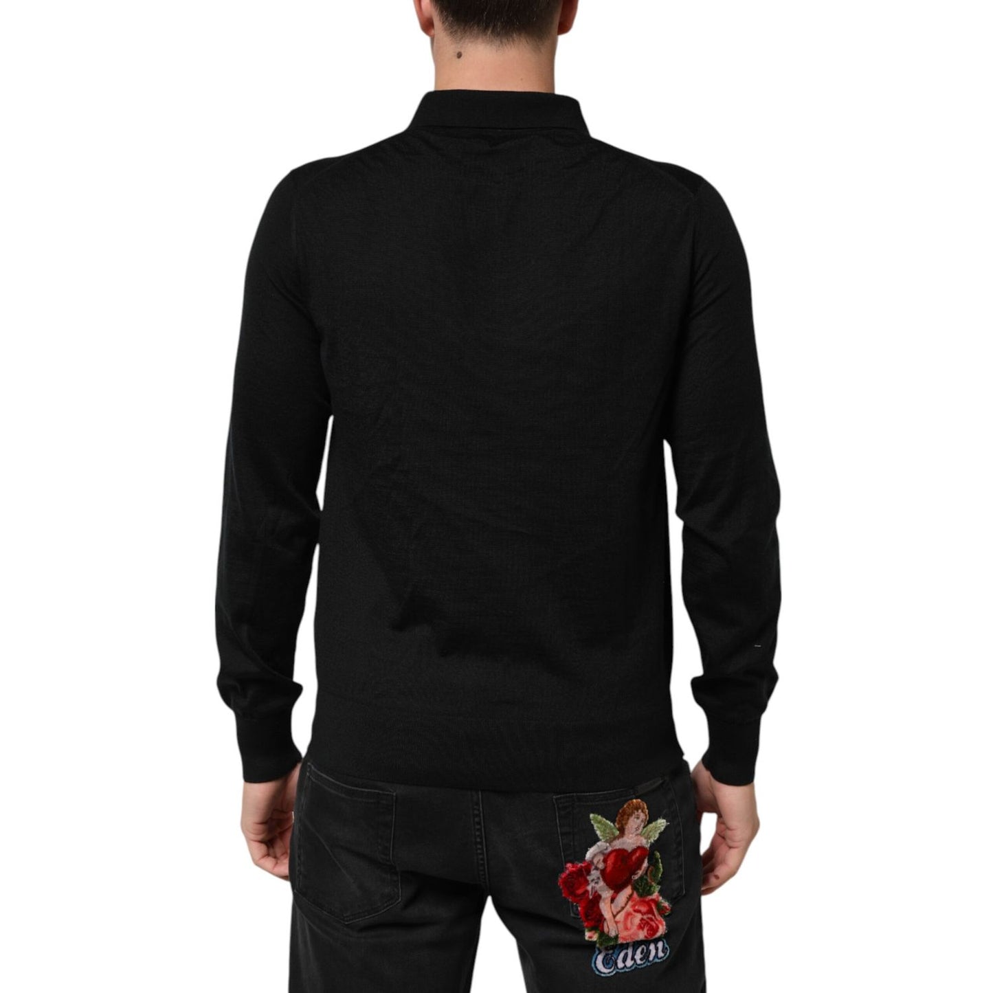 Back view of Dolce & Gabbana Black Logo Patch Collared Pullover Sweater, showcasing luxury and style in 100% cashmere.