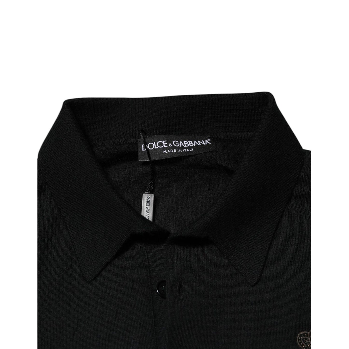 Dolce & Gabbana Black Logo Patch Collared Pullover Sweater in sleek black cashmere with classic collar and luxury logo patch detail.