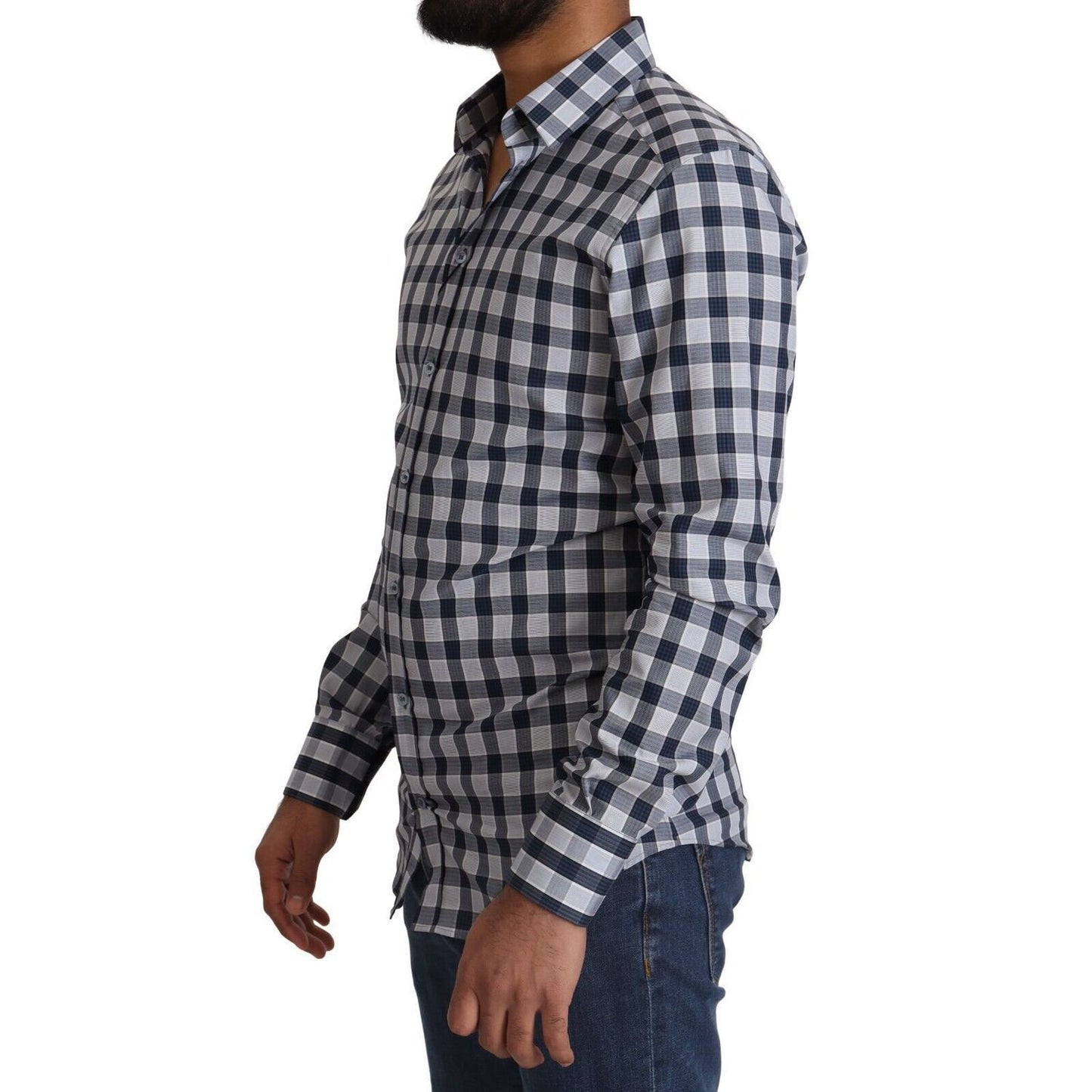 Dolce & Gabbana blue white checkered slim fit cotton shirt with front button closure and logo details, worn by model.