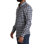 Dolce & Gabbana blue white checkered slim fit cotton shirt with front button closure and logo details, worn by model.