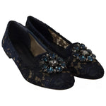 Dolce & Gabbana Blue Crystal Loafer Lace Ballet Flats Shoes
