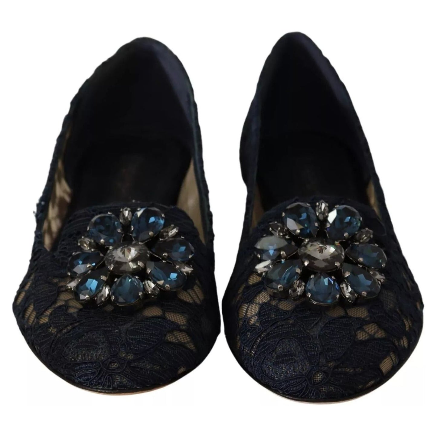 Dolce & Gabbana Blue Crystal Loafer Lace Ballet Flats Shoes