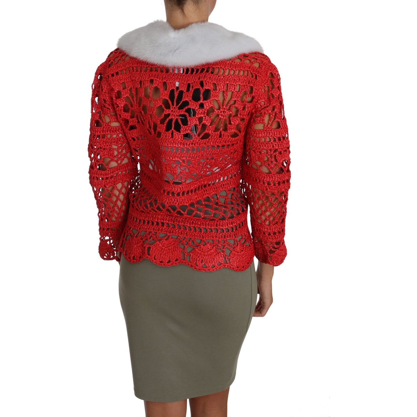 Dolce & Gabbana Dolce & Gabbana Elegant Red Crochet Knit Cardigan with Fur Collar TSH2723-42 1728,67345645728,Dolce & Gabbana,IT42|M,Material: 100% viscose,New with tags,Red,Sweaters - Women - Clothing,Women