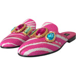 Dolce & Gabbana Dolce & Gabbana Pink Jacquard Crystal Mule Flat Sandals Shoes LA11172-38 1728,67345645728,Dolce & Gabbana,EU38/US7.5,Flat Shoes - Women - Shoes,Material: Leather,Pink,Preowned / Defect
