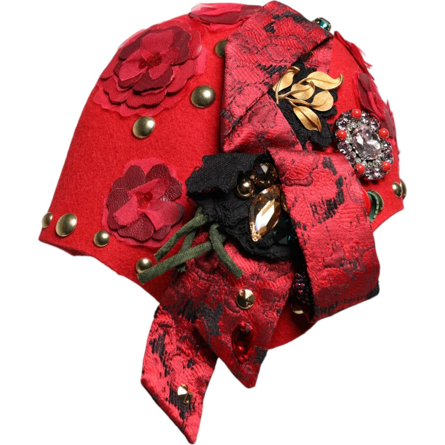 Dolce & Gabbana Dolce & Gabbana Red Crystal Gold Roses Brooch Embellished Hat HAT9652 1728,67345645728,Accessories,Dolce & Gabbana,Hat - Women - Accessories,Material: 60% Wool 13% Cotton 9% Viscose 8% Acetate 4% Polyester 4% Nylon 2% Silk,Preowned / Defec