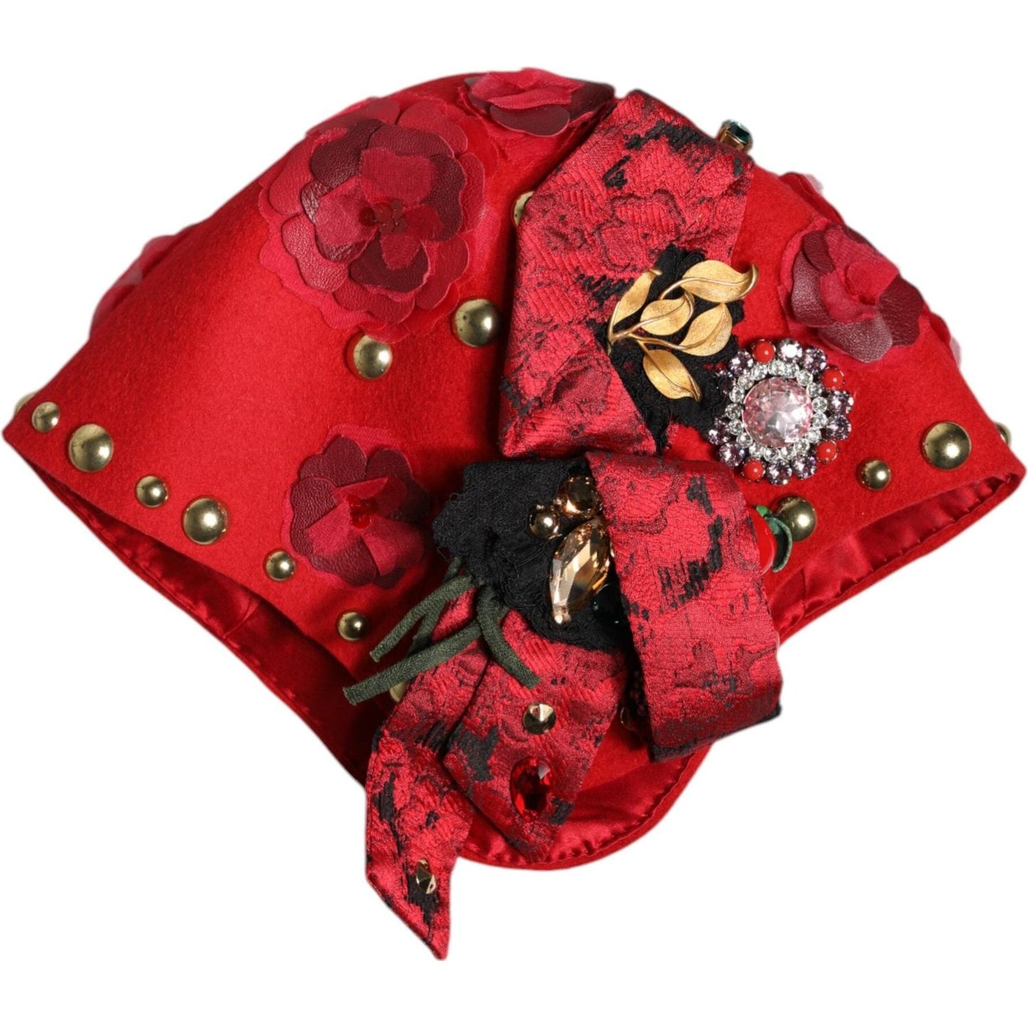 Dolce & Gabbana Dolce & Gabbana Red Crystal Gold Roses Brooch Embellished Hat HAT9652 1728,67345645728,Accessories,Dolce & Gabbana,Hat - Women - Accessories,Material: 60% Wool 13% Cotton 9% Viscose 8% Acetate 4% Polyester 4% Nylon 2% Silk,Preowned / Defec
