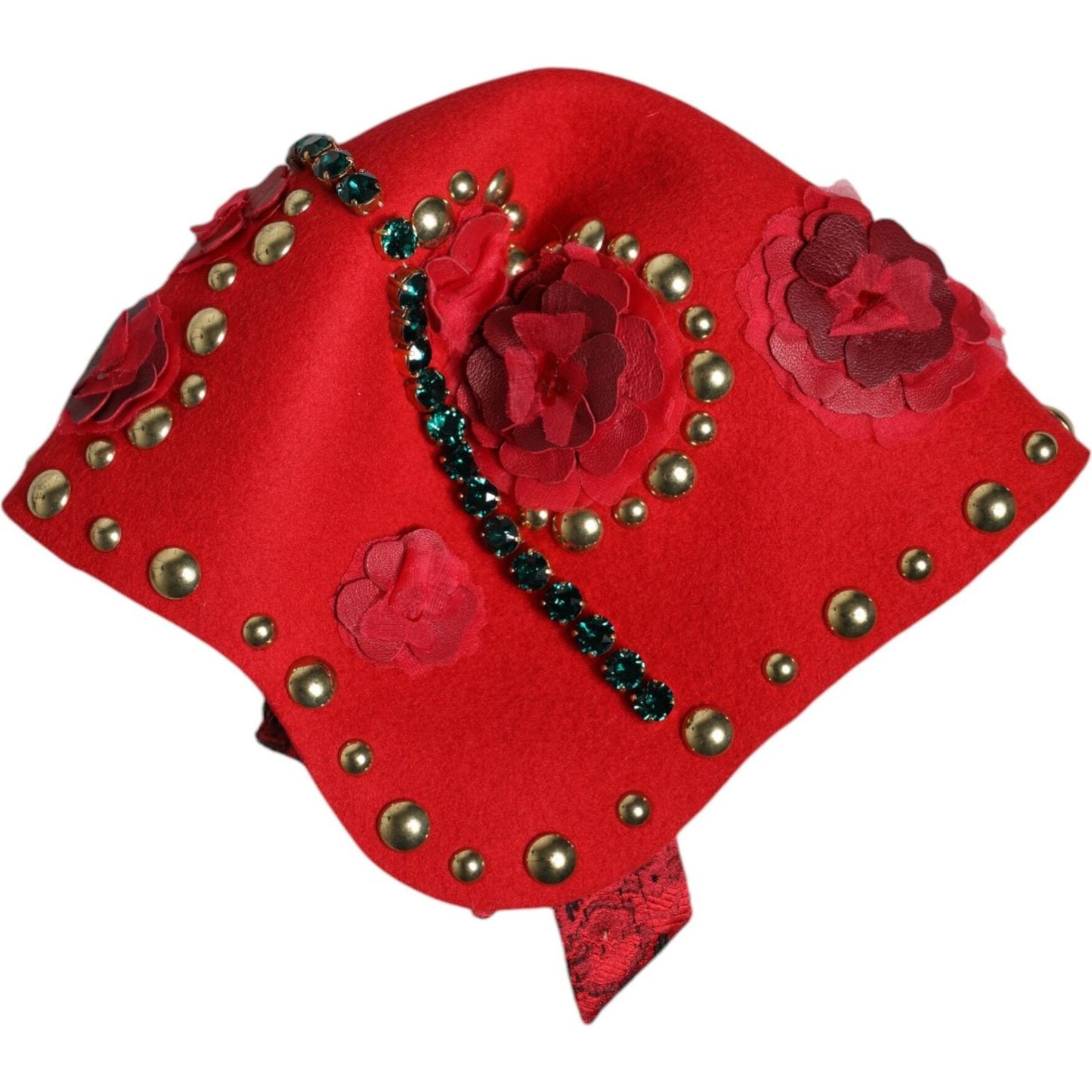 Dolce & Gabbana Dolce & Gabbana Red Crystal Gold Roses Brooch Embellished Hat HAT9652 1728,67345645728,Accessories,Dolce & Gabbana,Hat - Women - Accessories,Material: 60% Wool 13% Cotton 9% Viscose 8% Acetate 4% Polyester 4% Nylon 2% Silk,Preowned / Defec