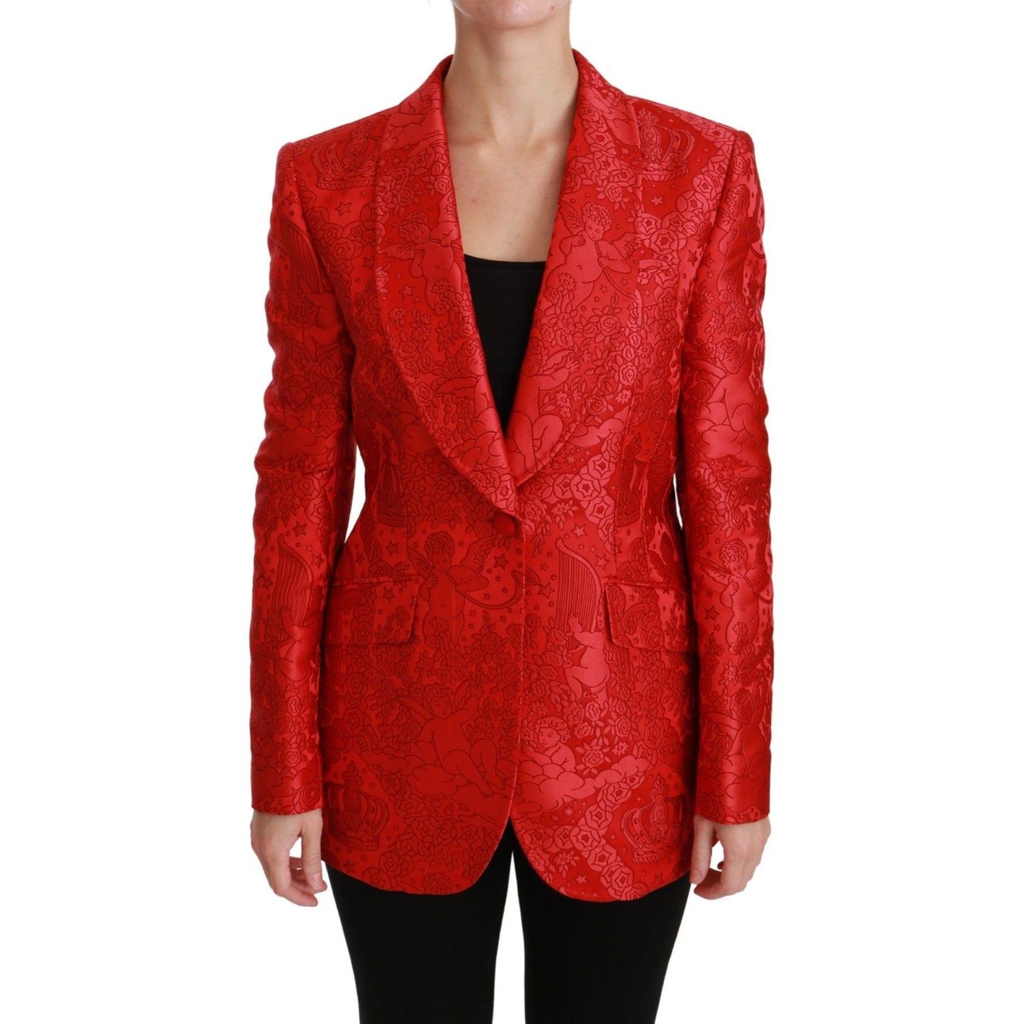 Dolce & Gabbana Dolce & Gabbana Red Floral Angel Pattern Blazer JKT2563-46 1728,67345645728,Clothing,Dolce & Gabbana,IT46 | L,Material: 100% Polyester,New with tags,Red,Suits & Blazers - Women - Clothing,Women,Women - Clothing
