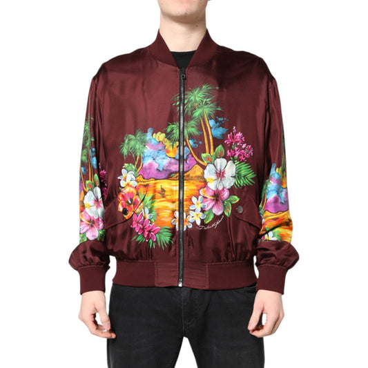 Dolce & Gabbana Maroon Floral Print Full Zip Bomber Jacket