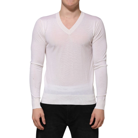 Dolce & Gabbana White Cashmere Logo V-neck Pullover Sweater