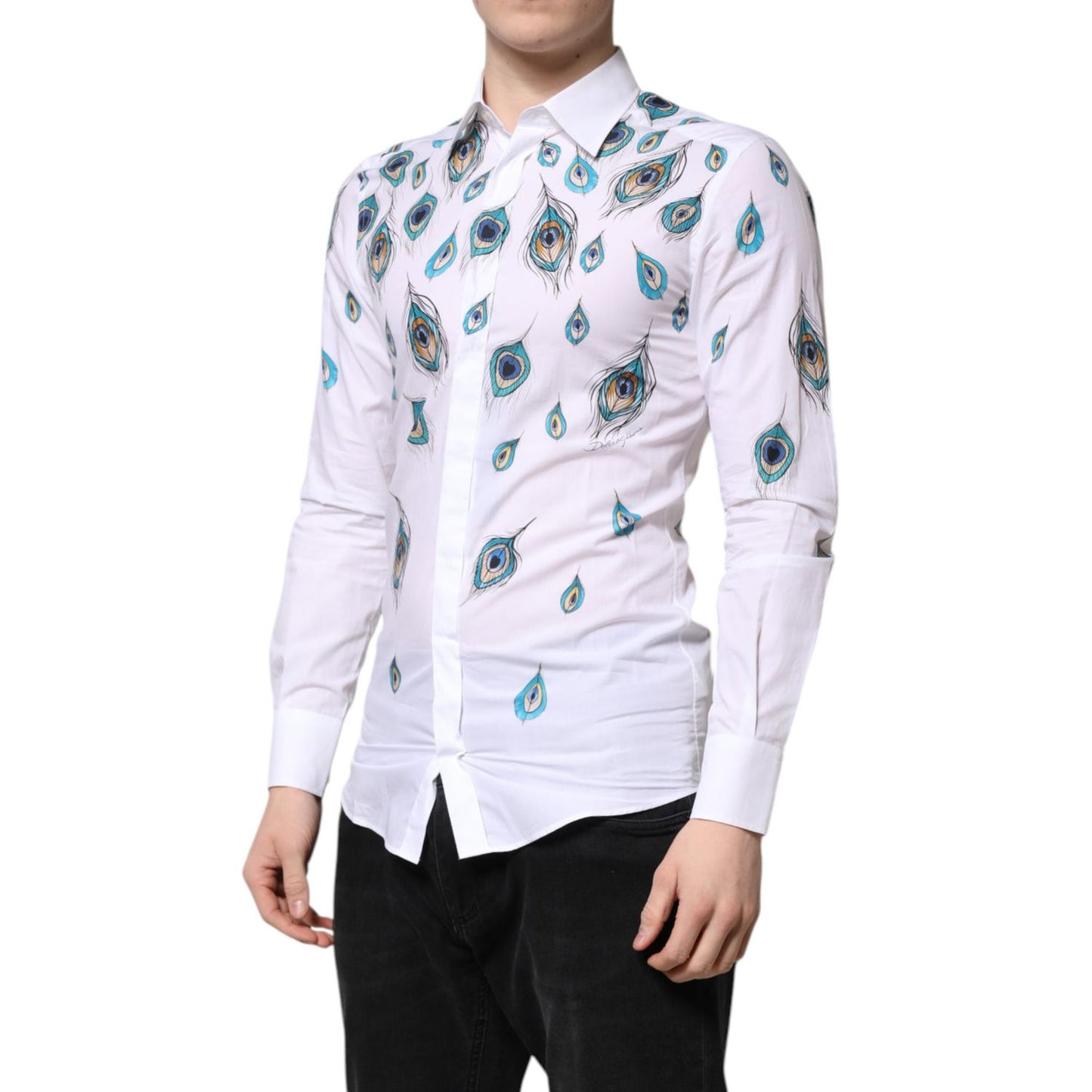 Dolce & Gabbana White Cotton Feather Print GOLD Dress Shirt TSH90445-38