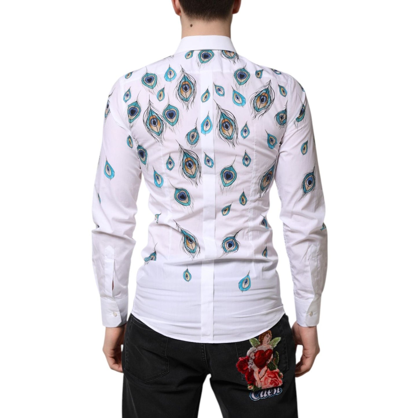 Dolce & Gabbana White Cotton Feather Print GOLD Dress Shirt TSH90445-38