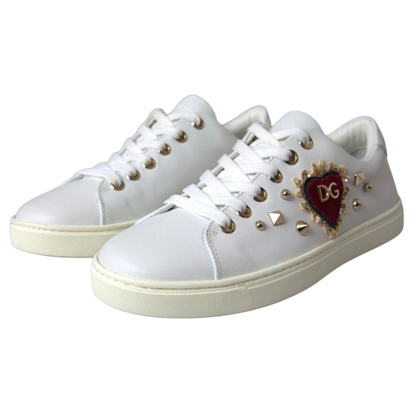 Dolce & Gabbana White Leather Gold Red Heart Sneakers Shoes LA8916-36.5