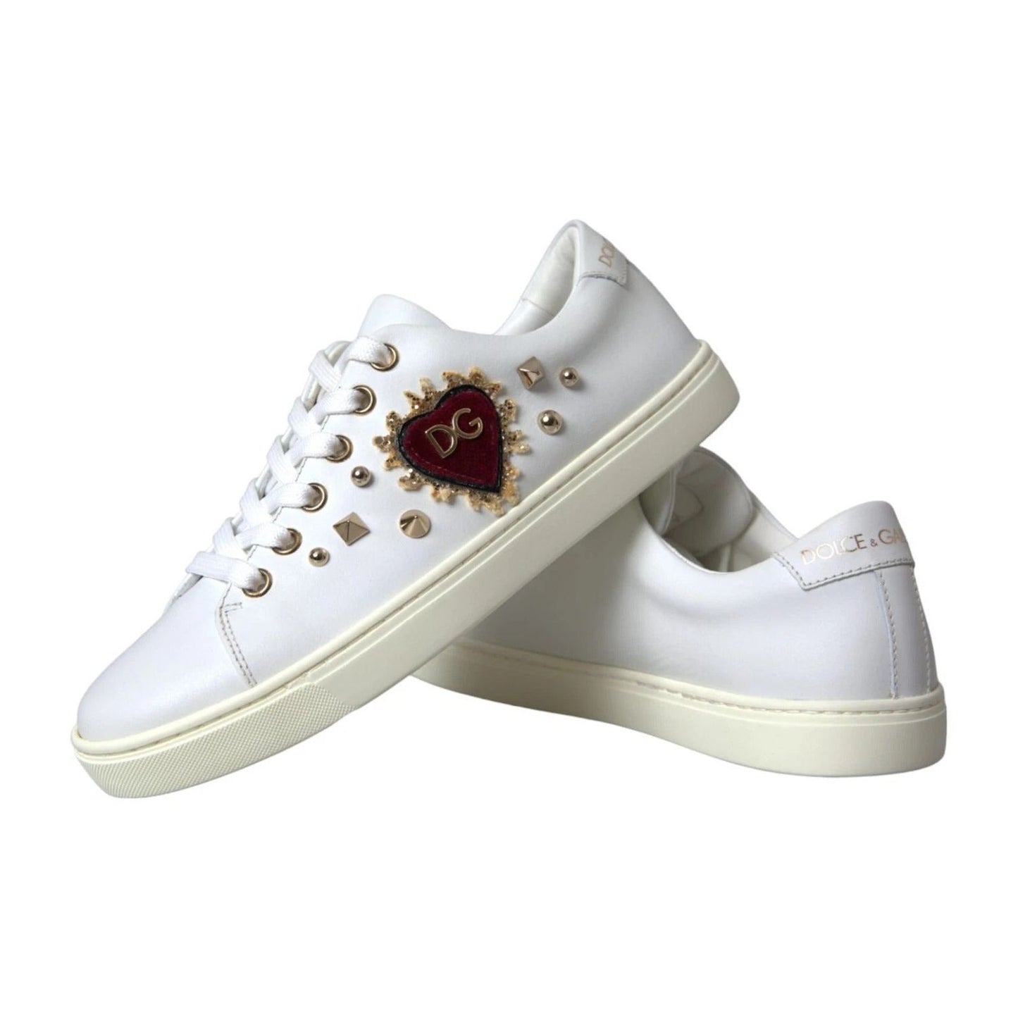 Dolce & Gabbana White Leather Gold Red Heart Sneakers Shoes LA8916-36.5