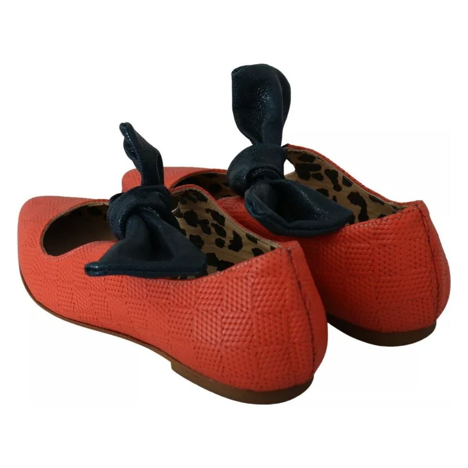 EBARRITO Orange Leather Bow Slip-on Loafers Ballet Flat Shoes