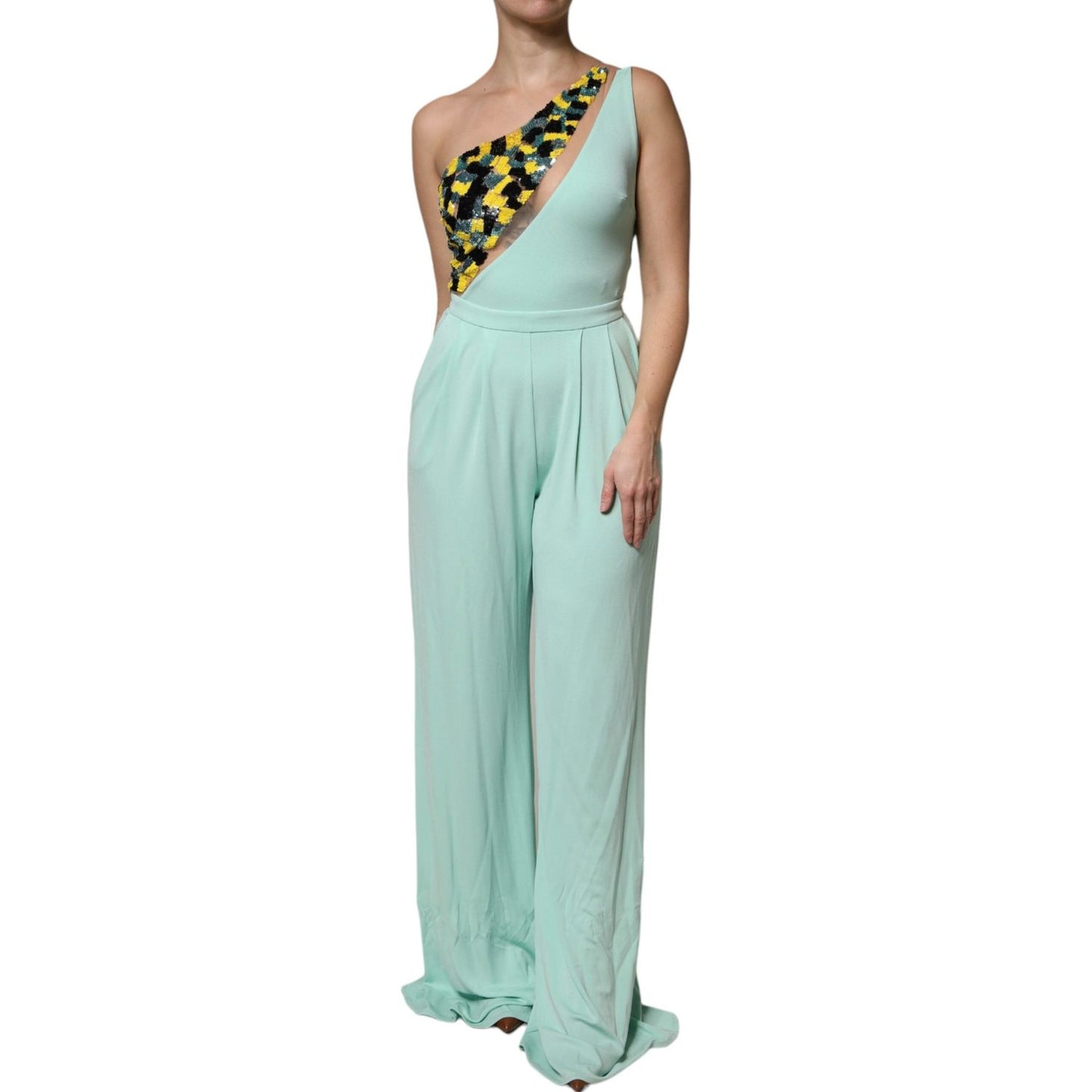 Elisabetta Franchi Mint Green One Shoulder Long Jumpsuit Dress 1728,67345645728,Clothing,Dresses - Women - Clothing,Elisabetta Franchi,Green,IT42|M,Material: 95% Viscose 5% Elastane,Preowned / Defect,Women,Women - Clothing Elisabetta Franchi DR281421-42