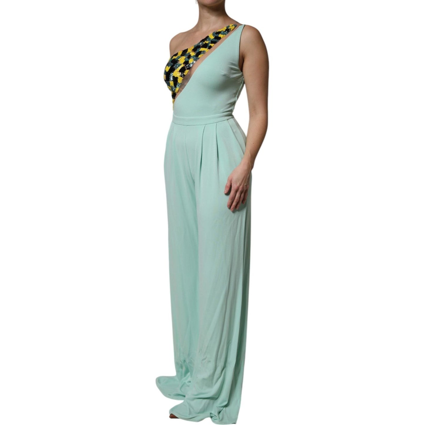 Elisabetta Franchi Mint Green One Shoulder Long Jumpsuit Dress 1728,67345645728,Clothing,Dresses - Women - Clothing,Elisabetta Franchi,Green,IT42|M,Material: 95% Viscose 5% Elastane,Preowned / Defect,Women,Women - Clothing Elisabetta Franchi DR281421-42