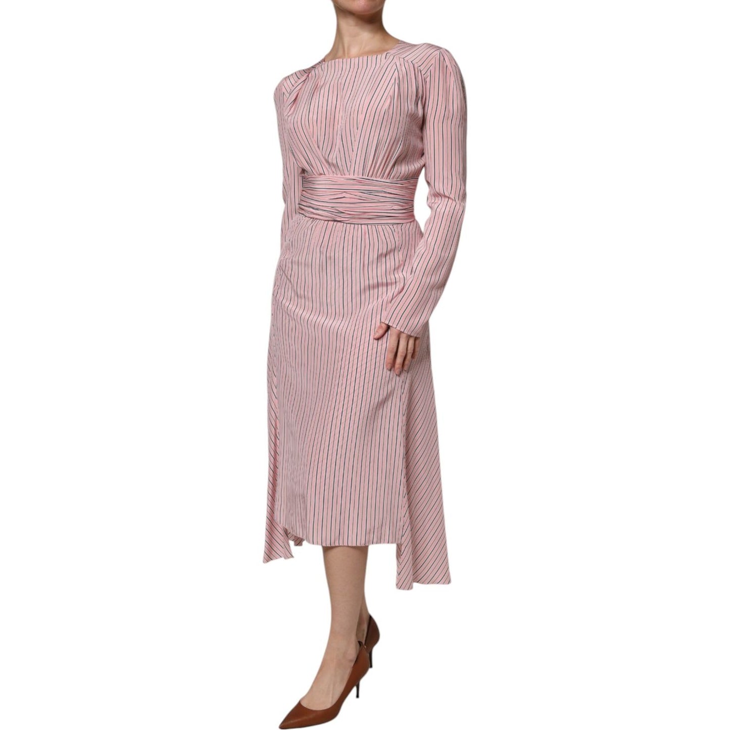Ermanno Scervino Pink Stripes Silk Long Sleeves Midi Dress 1728,67345645728,Clothing,Dresses - Women - Clothing,Ermanno Scervino,IT38 | XS,Material: 100% Silk,Pink,Preowned / Defect,Women,Women - Clothing Ermanno Scervino DR281401-38