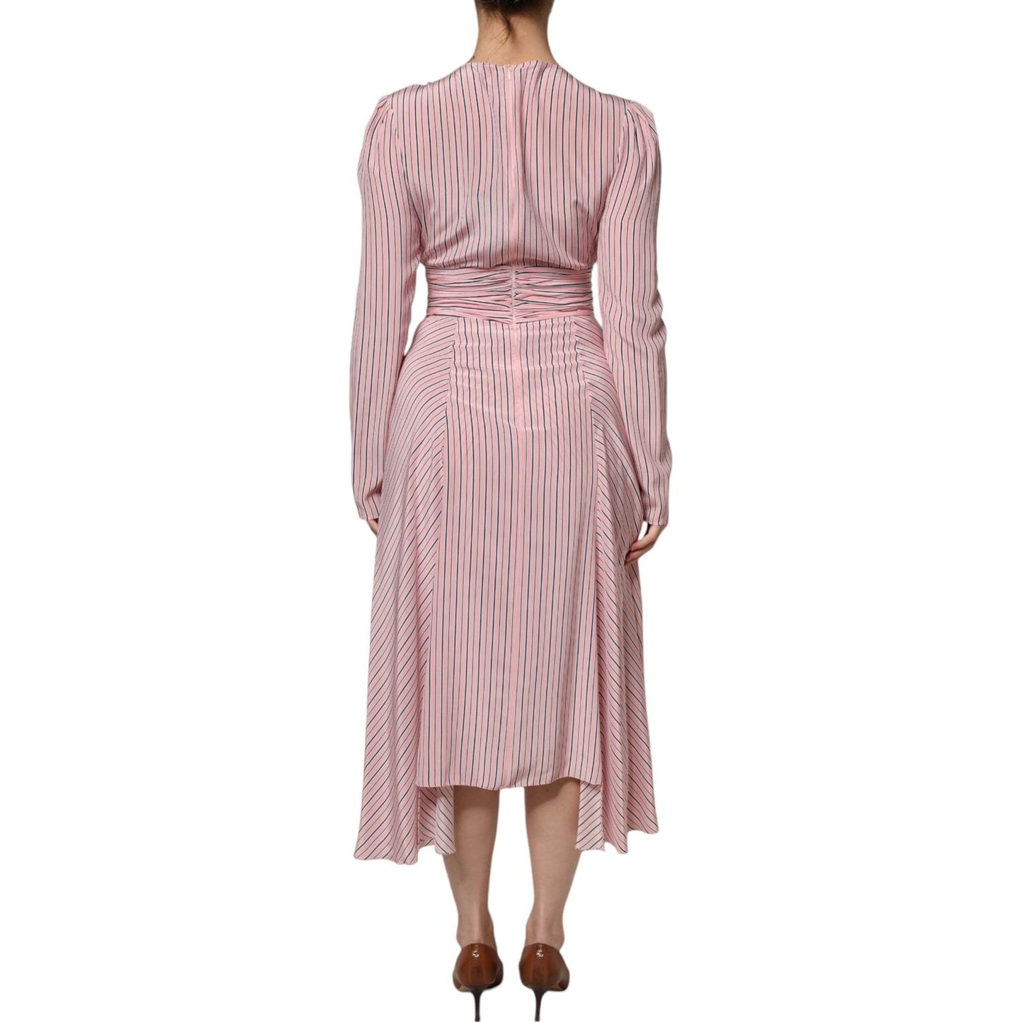 Ermanno Scervino Pink Stripes Silk Long Sleeves Midi Dress 1728,67345645728,Clothing,Dresses - Women - Clothing,Ermanno Scervino,IT38 | XS,Material: 100% Silk,Pink,Preowned / Defect,Women,Women - Clothing Ermanno Scervino DR281401-38