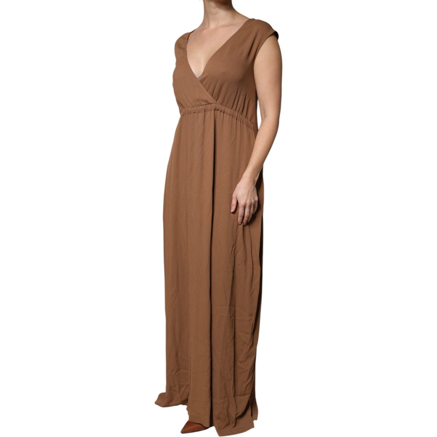 Fabiana Filippi Brown Sleeveless Deep V-neck A-line Long Maxi Dress 1728,67345645728,Brown,Clothing,Dresses - Women - Clothing,Fabiana Filippi,IT40|S,Material: 57% Acetate 43% Silk,Preowned / Defect,Women,Women - Clothing Fabiana Filippi DR281415-40