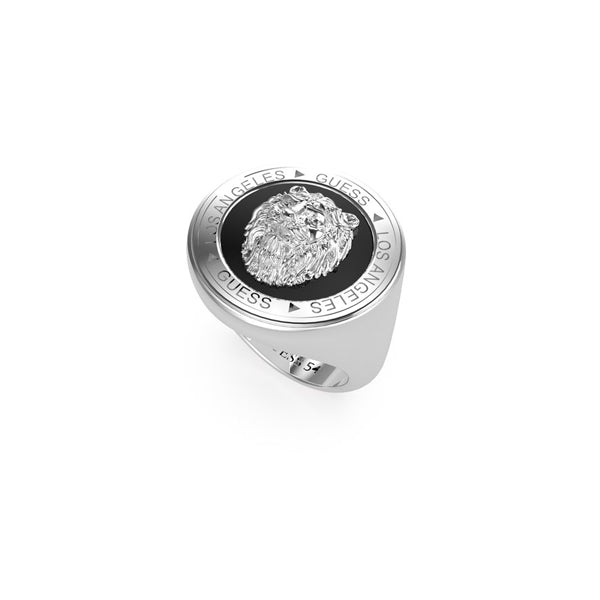 GUESS JEWELS JEWELRY Mod. JUMR01315JWSTBK64 silver ring with lion emblem and engraved text