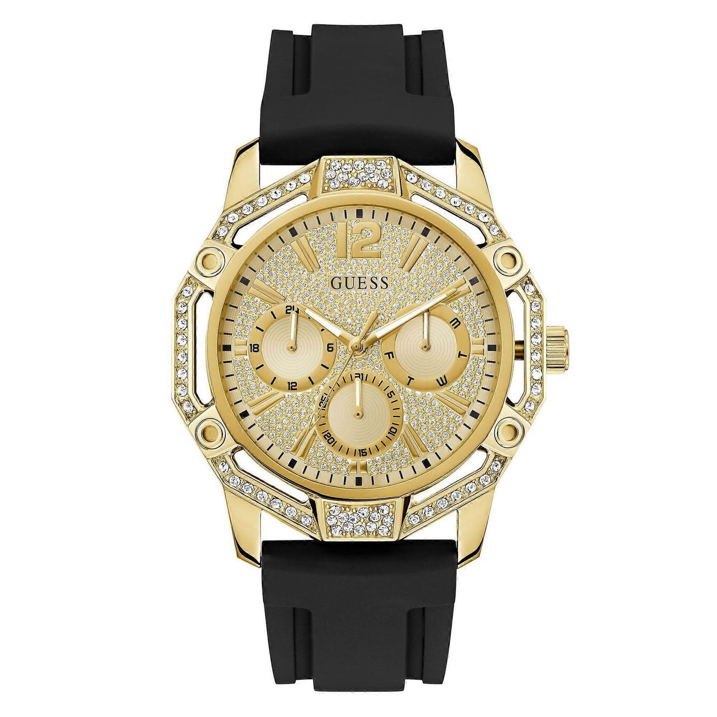 Luxury gold watch with black strap, Guess Mod. REGAL featuring intricate dial design and crystal embellishments.