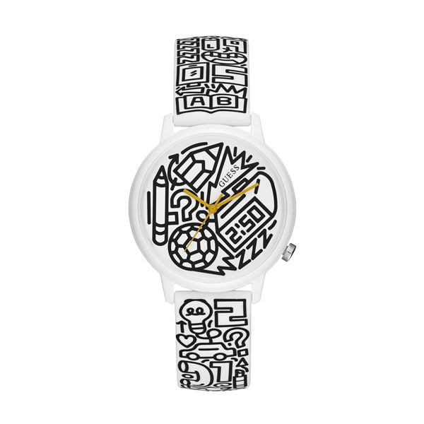 GUESS Mod. TIME TO GIVE unisex wristwatch with a 38mm polycarbonate case and rubber strap, featuring a quartz movement and mineral dial.