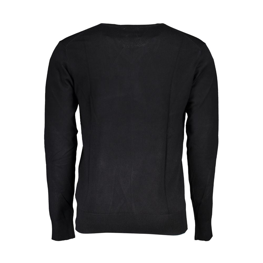 Gianmarco Venturi Black Viscose Sweater, long sleeve, V-neck, with embroidery and logo on back view.