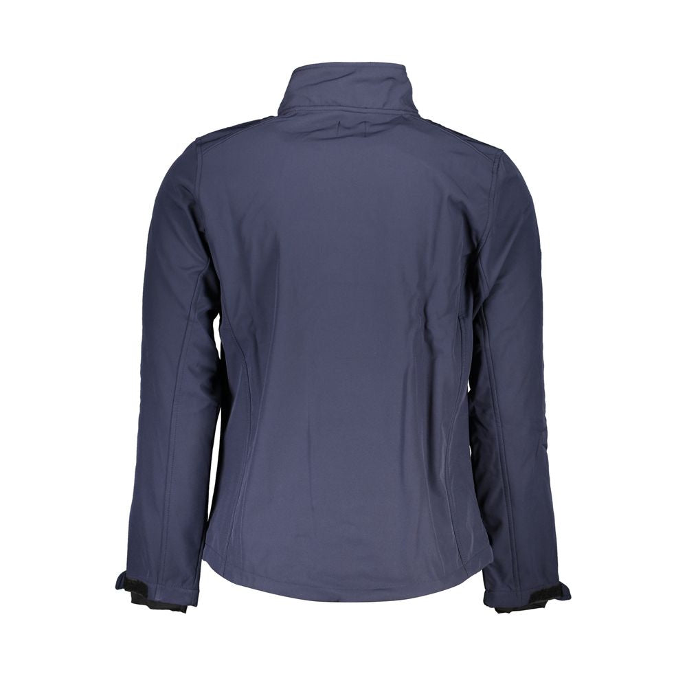 Gianmarco Venturi Blue Polyester Jackets & Coat, back view showing long sleeve soft shell with zip and contrast details.