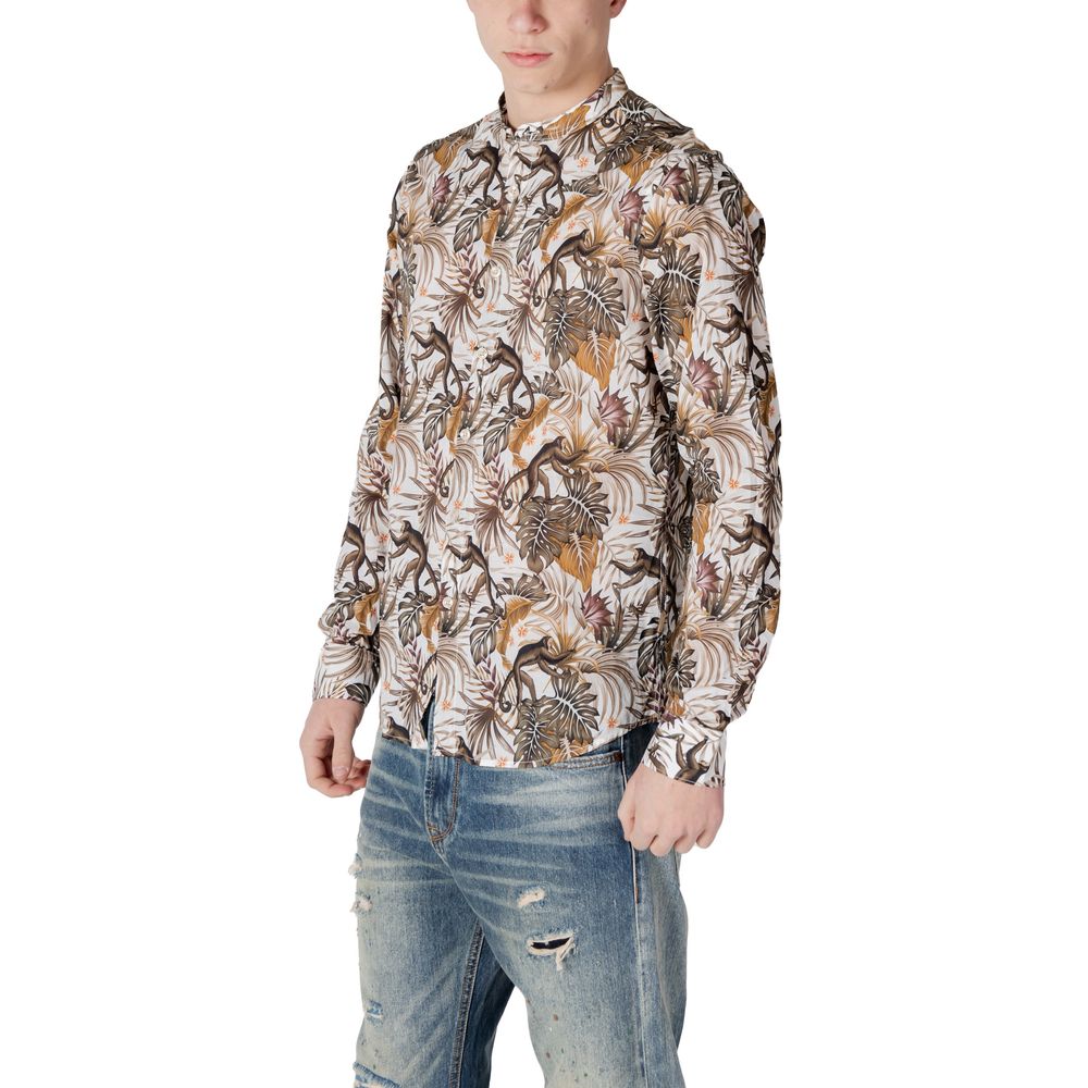 Man wearing Gianni Lupo White Cotton Pattern Shirt with botanical and animal motifs