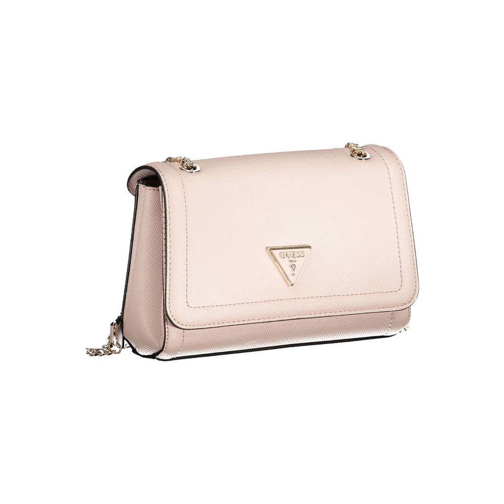 Guess Jeans Pink Polyethylene Handbag with chain shoulder handles, contrasting details, snap closure, and logo design.