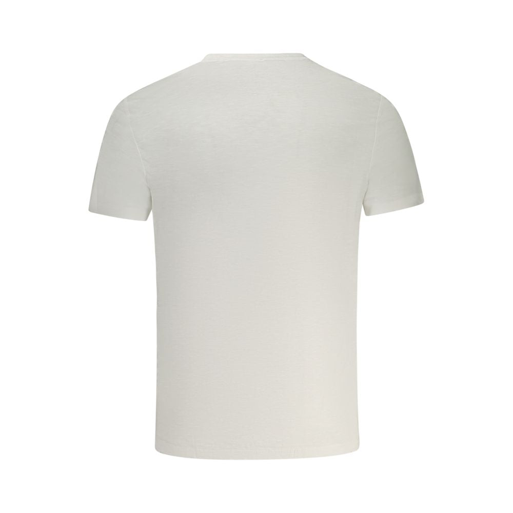 Back view of Guess Jeans White Cotton T-Shirt, slim fit, crew neck, short sleeve with logo embroidery.
