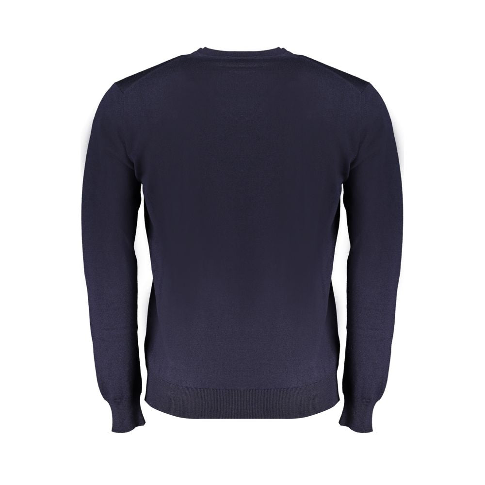 Harmont & Blaine Blue Wool Sweater, long sleeved, crew neck, featuring logo embroidery, back view.