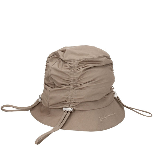 Jacquemus Beige Cotton Bucket Hat with front logo and adjustable straps, made from 75% cotton and 25% polyamide.