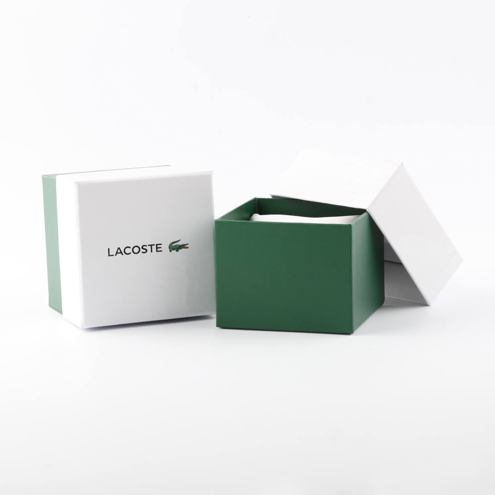 LACOSTE Mod. 2011250 official packaging box displayed in green and white, highlighting the luxury bracelet product presentation.