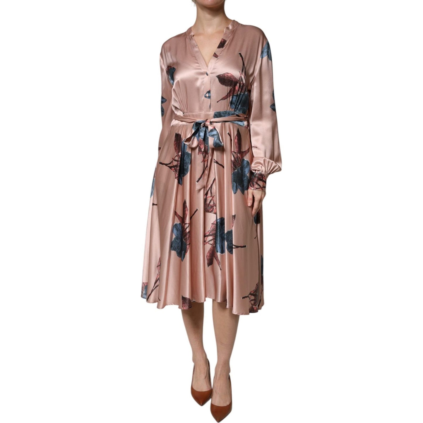L'Autre Chose Pink Satin Floral Long Sleeves A-line Midi Dress 1728,67345645728,Clothing,Dresses - Women - Clothing,IT44 | L,L'Autre Chose,Material: 100% Silk,Pink,Preowned / Defect,Women,Women - Clothing L'Autre Chose DR281412-44