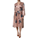 L'Autre Chose Pink Satin Floral Long Sleeves A-line Midi Dress 1728,67345645728,Clothing,Dresses - Women - Clothing,IT44 | L,L'Autre Chose,Material: 100% Silk,Pink,Preowned / Defect,Women,Women - Clothing L'Autre Chose DR281412-44