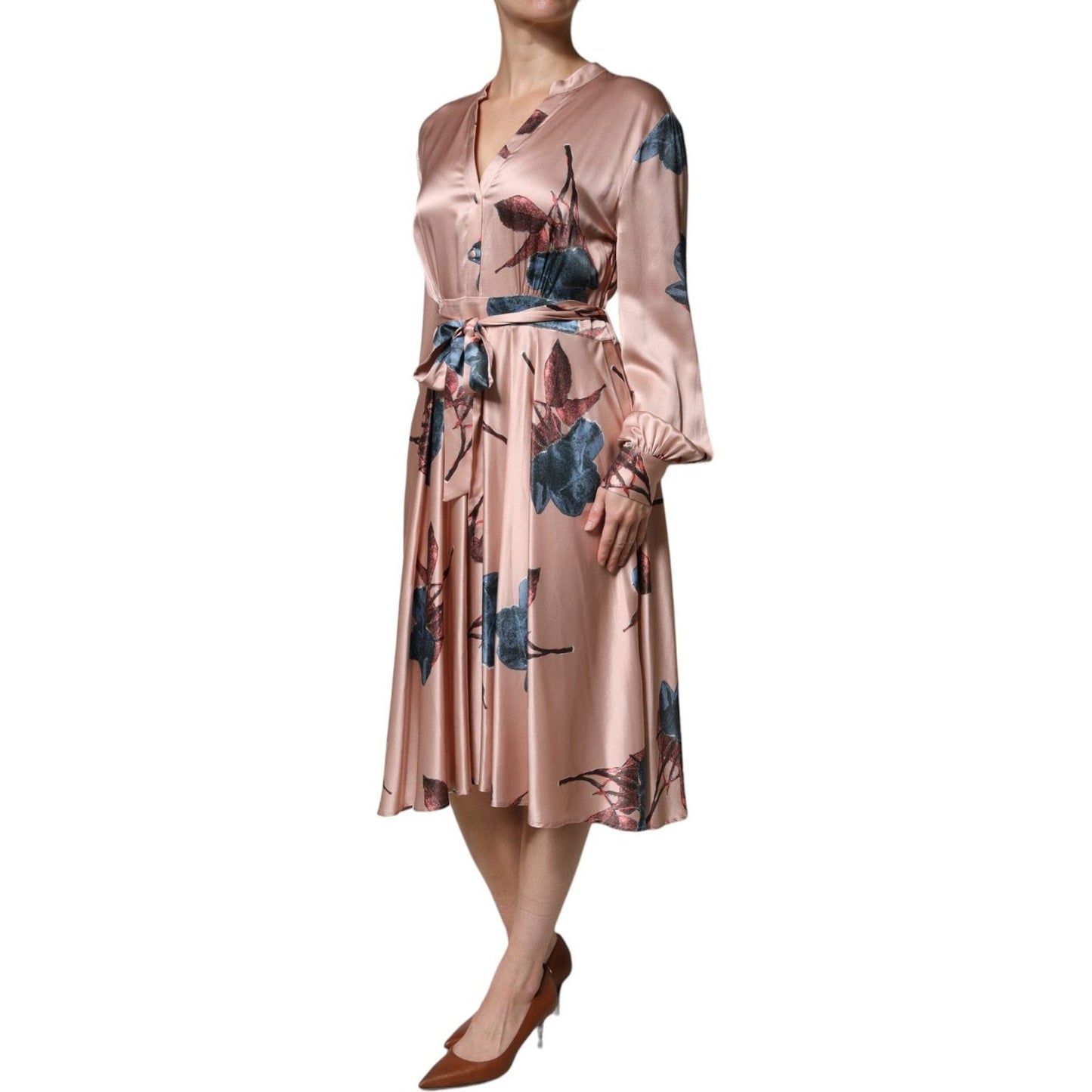 L'Autre Chose Pink Satin Floral Long Sleeves A-line Midi Dress 1728,67345645728,Clothing,Dresses - Women - Clothing,IT44 | L,L'Autre Chose,Material: 100% Silk,Pink,Preowned / Defect,Women,Women - Clothing L'Autre Chose DR281412-44