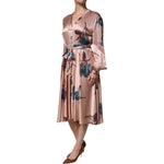 L'Autre Chose Pink Satin Floral Long Sleeves A-line Midi Dress 1728,67345645728,Clothing,Dresses - Women - Clothing,IT44 | L,L'Autre Chose,Material: 100% Silk,Pink,Preowned / Defect,Women,Women - Clothing L'Autre Chose DR281412-44