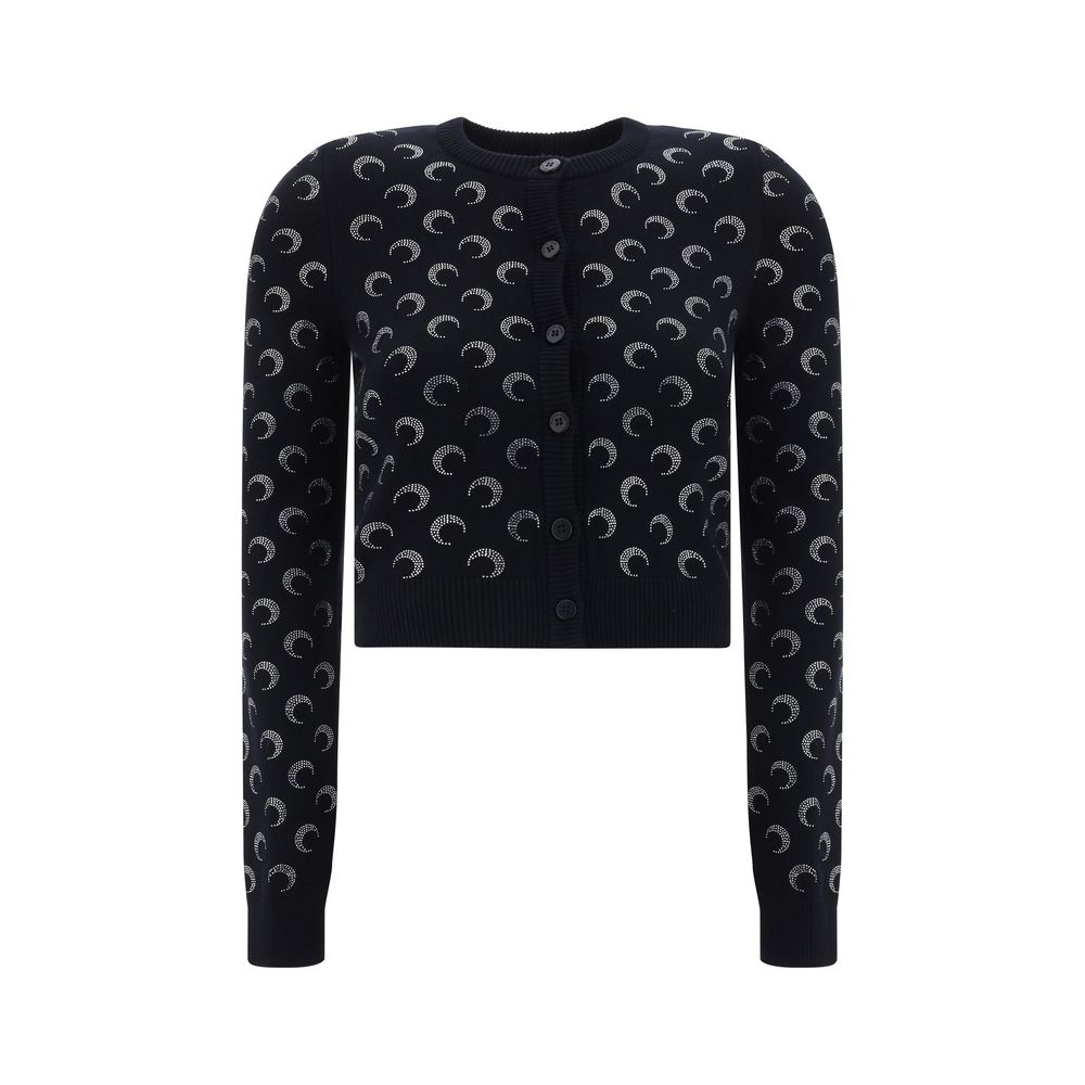 Marine Serre Black Viscose Cardigan with ribbed neck, button front, and iconic brand logo design for AW25 season.