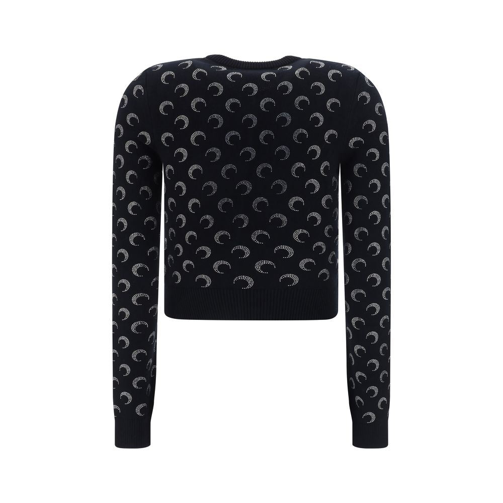 Marine Serre Black Viscose Cardigan with iconic contrasting logo pattern, ribbed crew neck, button closure, slim fit, back view.