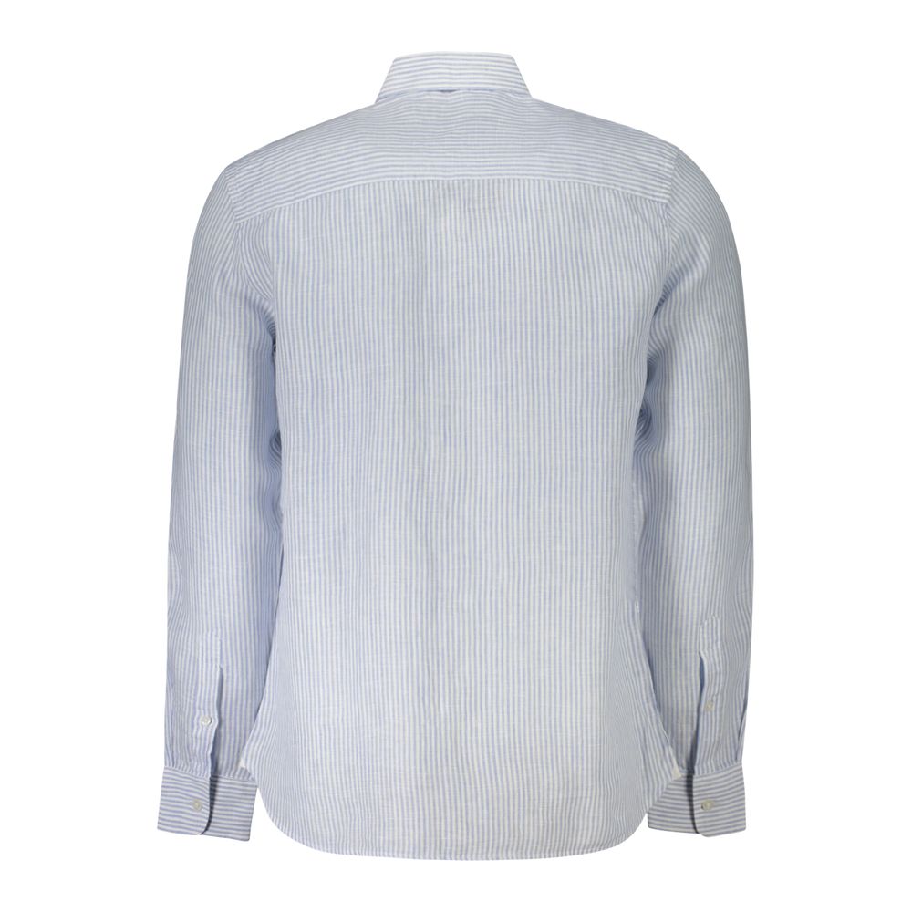 Back view of North Sails Blue Linen Shirt with long sleeves, French collar, and striped pattern.