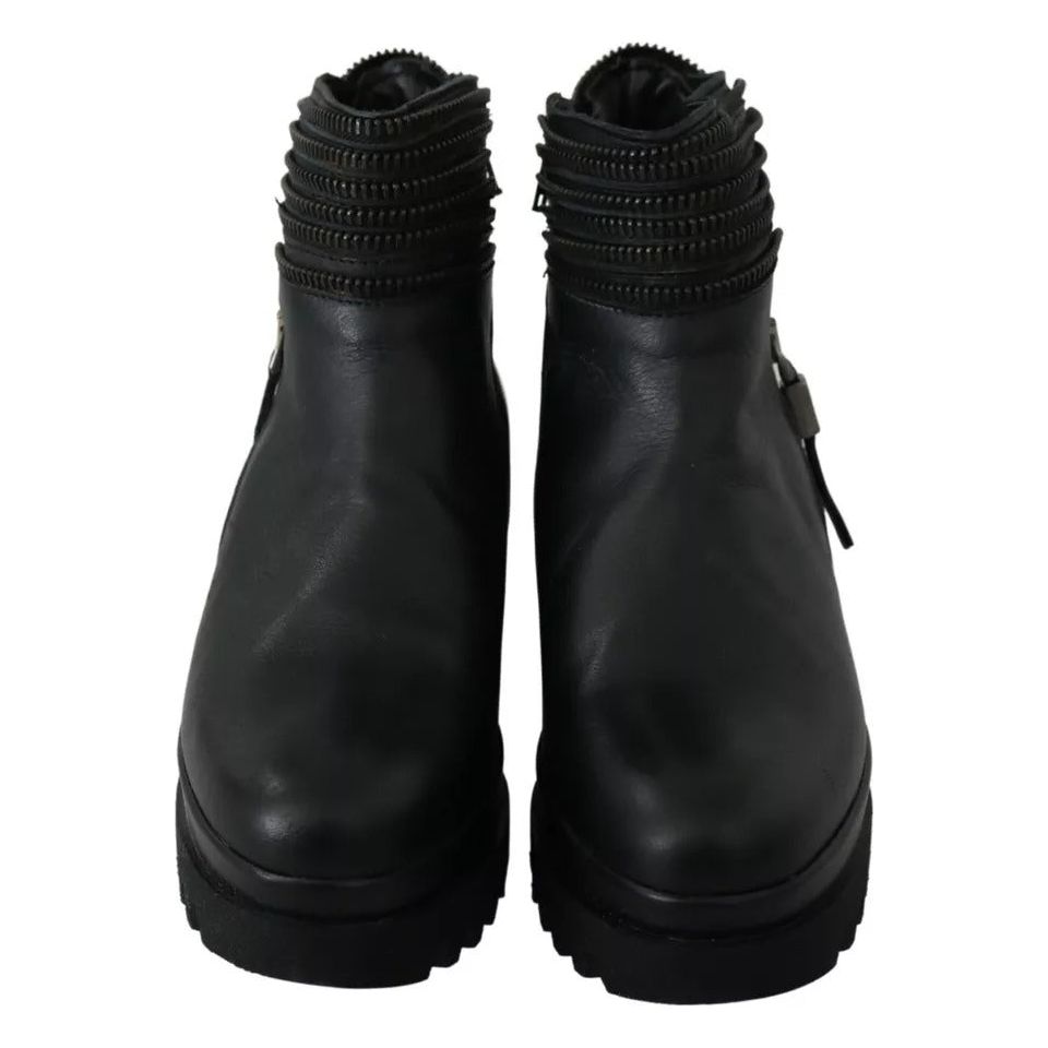 Ovyé Black Leather Zipper Ankle Boots Shoes