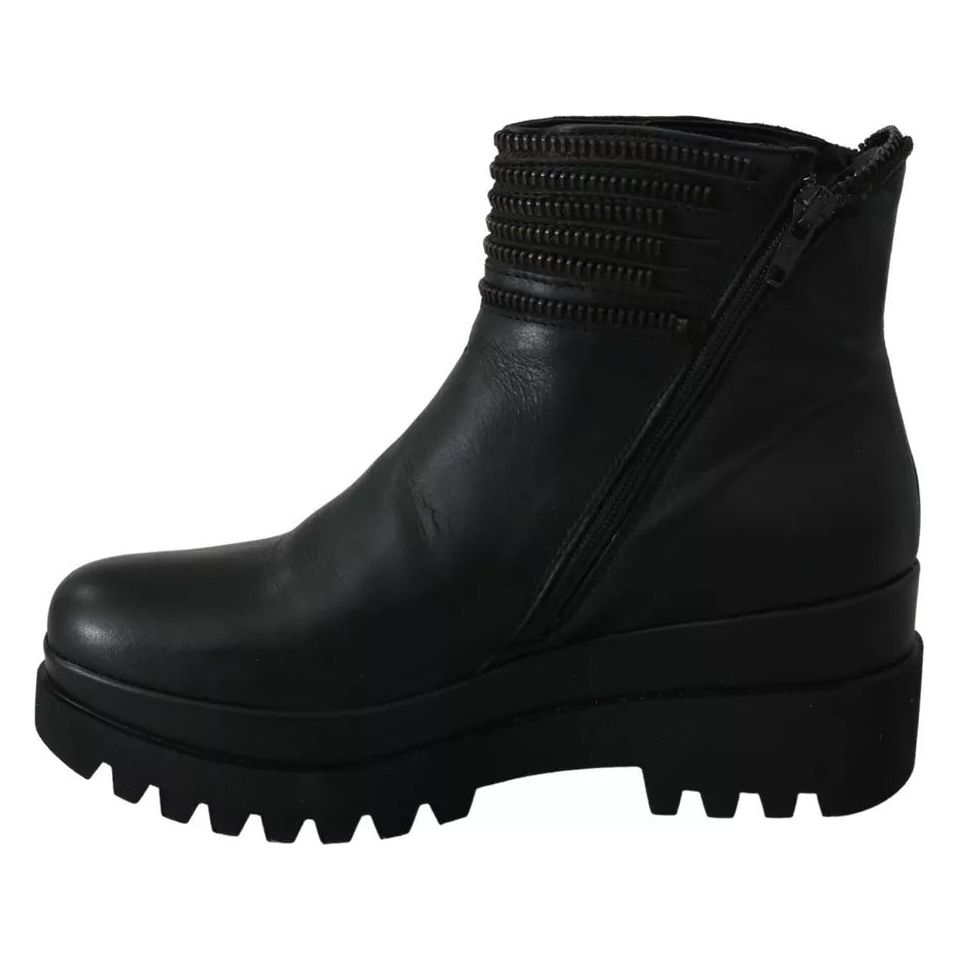 Ovyé Black Leather Zipper Ankle Boots Shoes