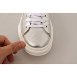 Patrizia Pepe Silver Full Grain Leather Lace Up Sneakers Shoes