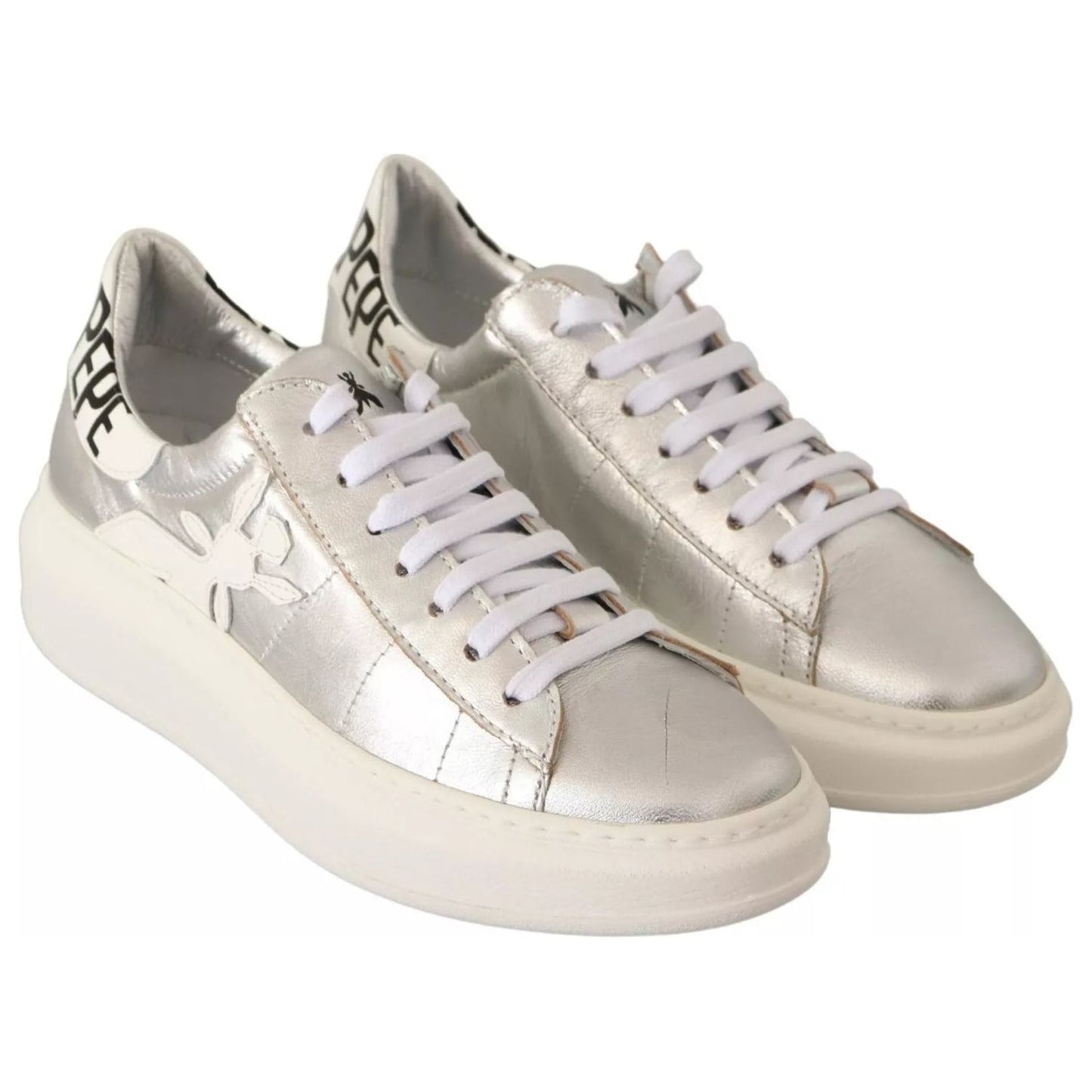 Patrizia Pepe Silver Full Grain Leather Lace Up Sneakers Shoes