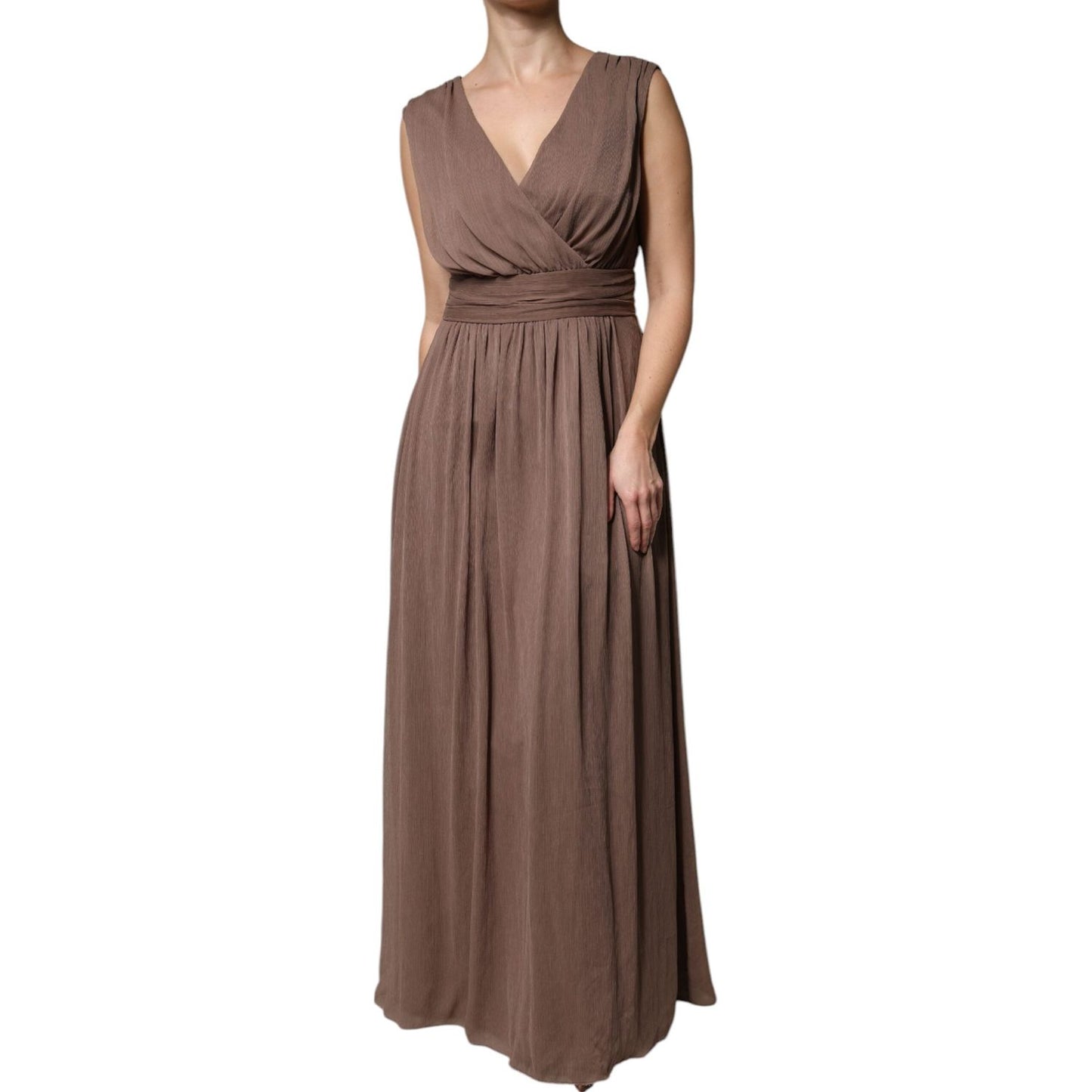 Peserico Brown Sleeveless Deep V-neck A-line Long Maxi Dress 1728,67345645728,Brown,Clothing,Dresses - Women - Clothing,IT42|M,Material: 100% Polyester,Peserico,Preowned / Defect,Women,Women - Clothing Peserico DR281422-42