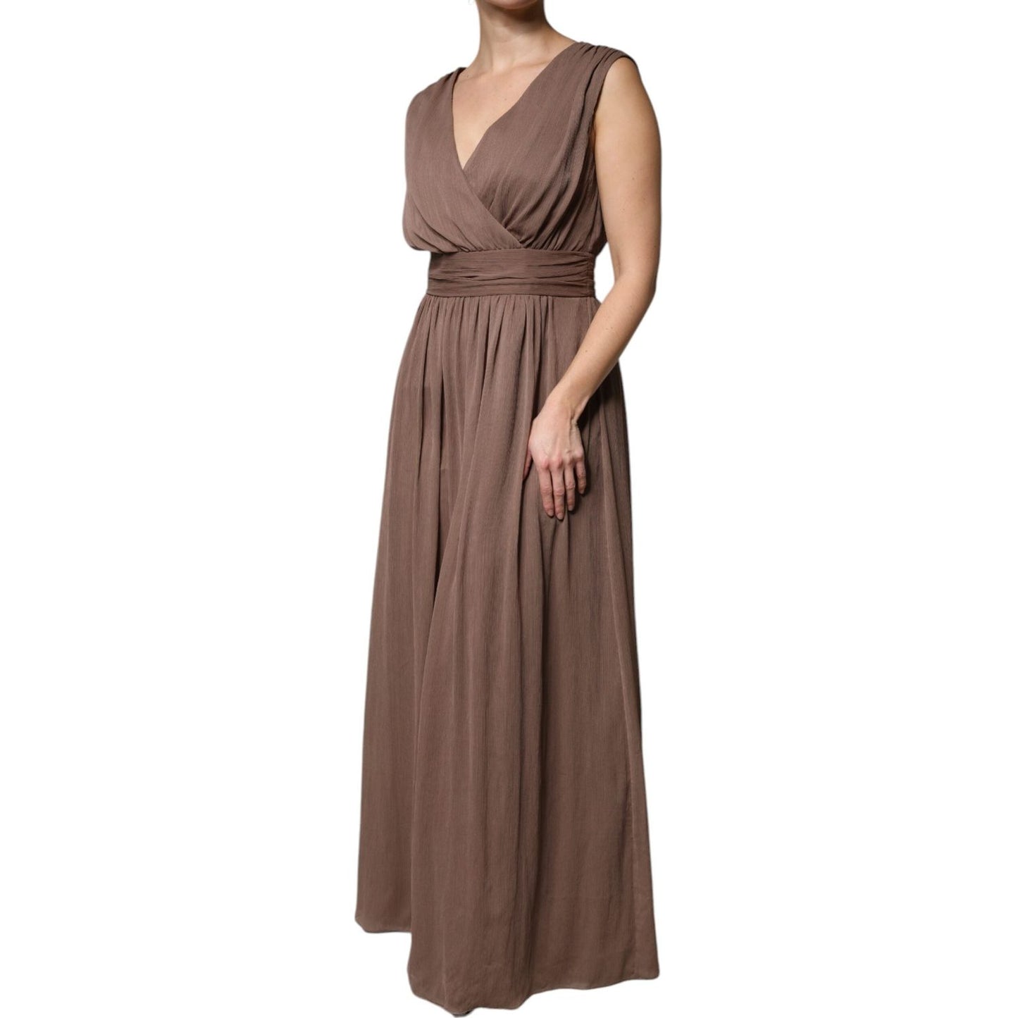 Peserico Brown Sleeveless Deep V-neck A-line Long Maxi Dress 1728,67345645728,Brown,Clothing,Dresses - Women - Clothing,IT42|M,Material: 100% Polyester,Peserico,Preowned / Defect,Women,Women - Clothing Peserico DR281422-42