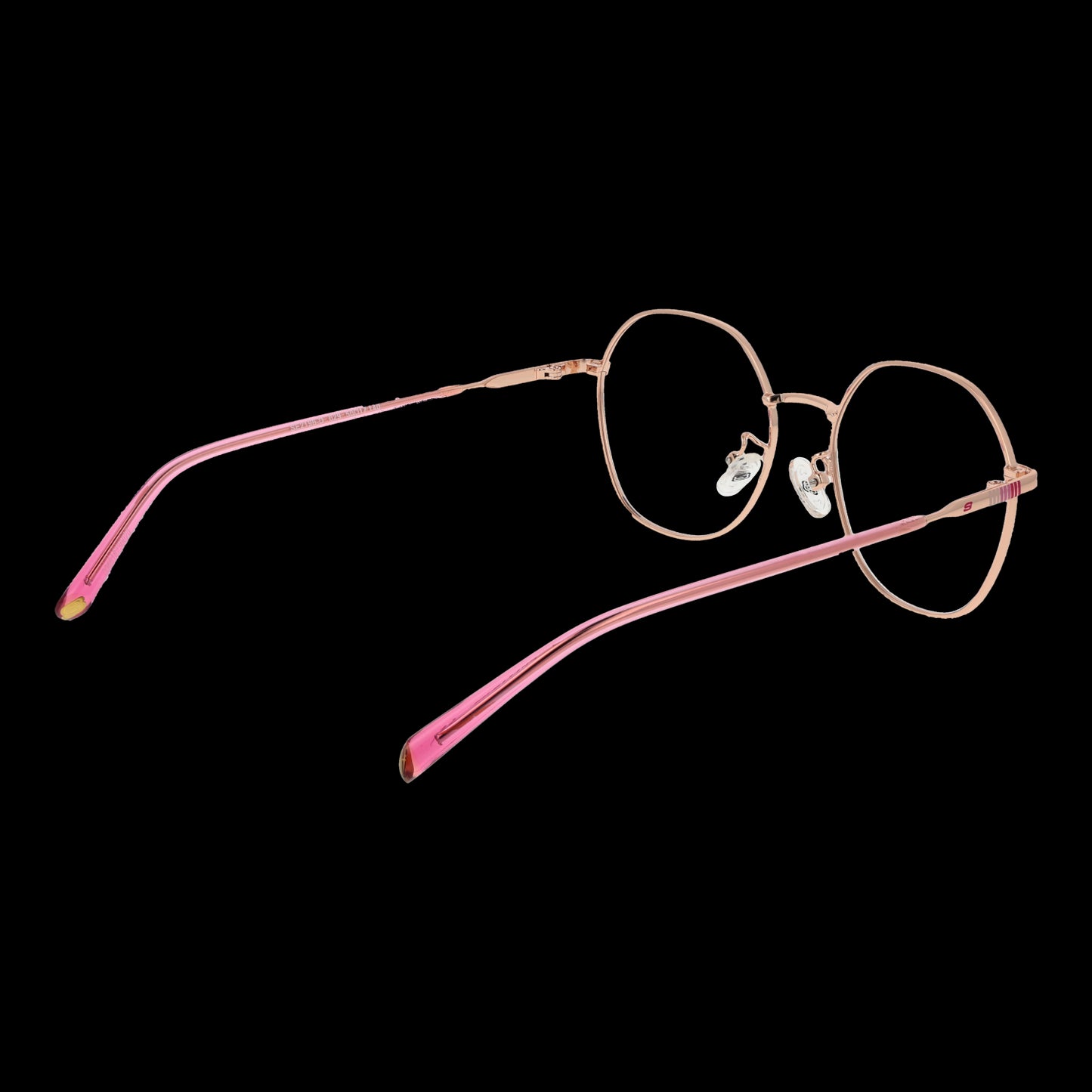SKECHERS MOD. SE2196-D 50029 lady's eyeglasses with pink and gold frames shown on a black background.